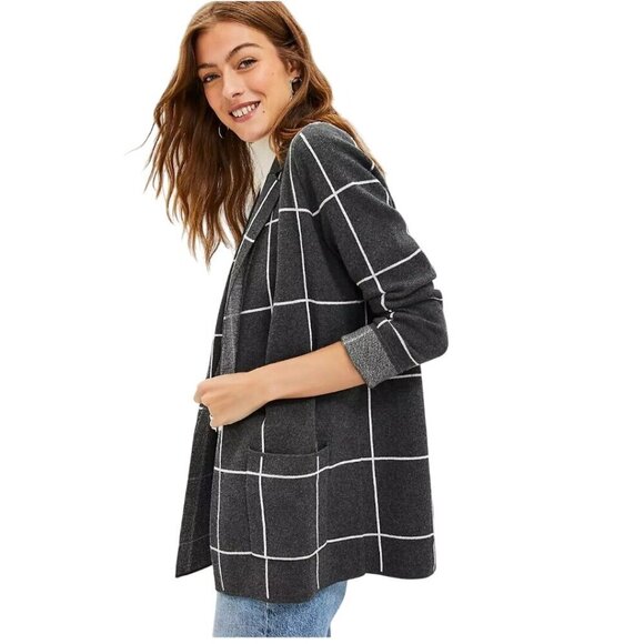 Loft Navy Windowpane Relaxed Sweater Blazer Open Front Pockets Sustainable S - Picture 5 of 7